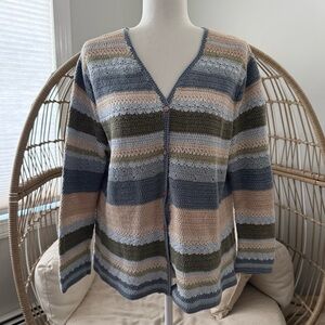 Jennifer Moore Crochet Cardigan Striped Earth Tone Boho V Neck Button Up Medium